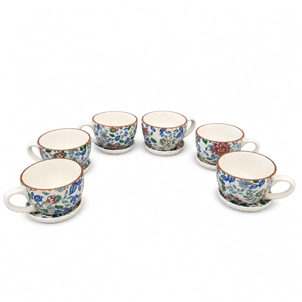 Pushpavali Ceramic Tea Cup & Coaster Set (Set Of 6) – Floral Print Chai Cups With Coasters For Home, Café & Gifting