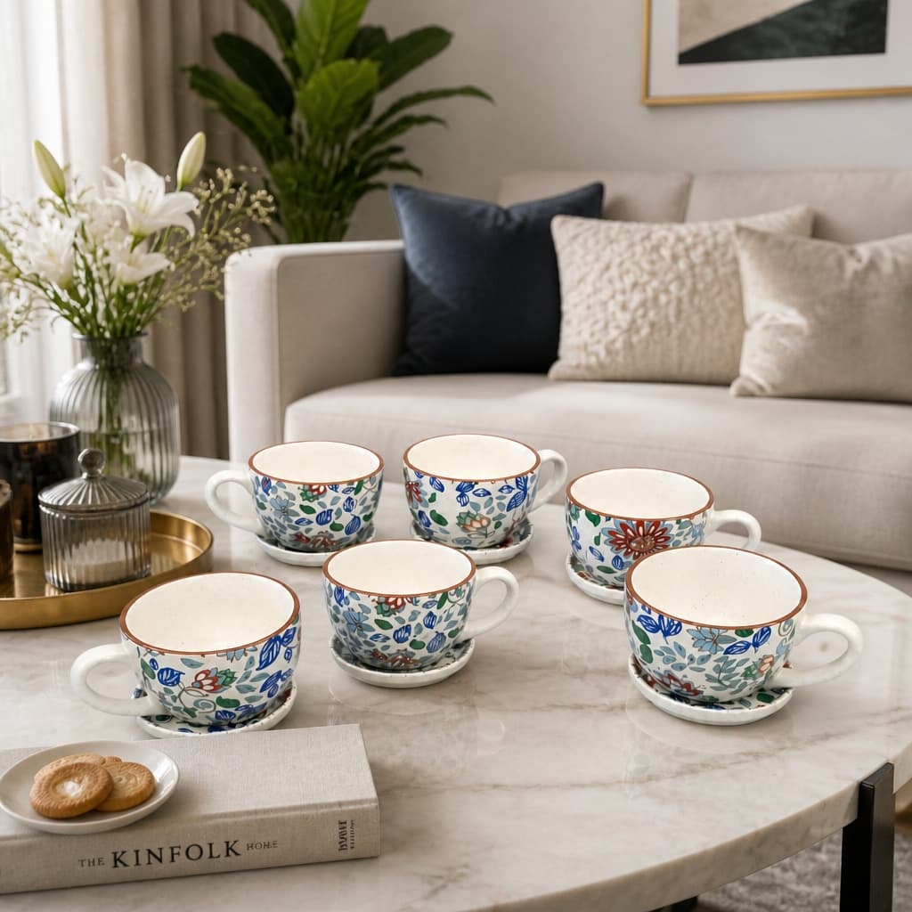 Pushpavali Ceramic Tea Cup & Coaster Set (Set Of 6) – Floral Print Chai Cups With Coasters For Home, Café & Gifting