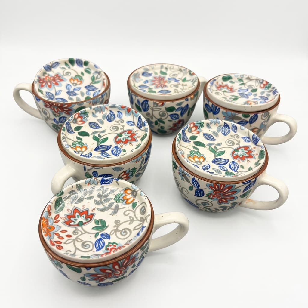 Pushpavali Ceramic Tea Cup & Coaster Set (Set Of 6) – Floral Print Chai Cups With Coasters For Home, Café & Gifting