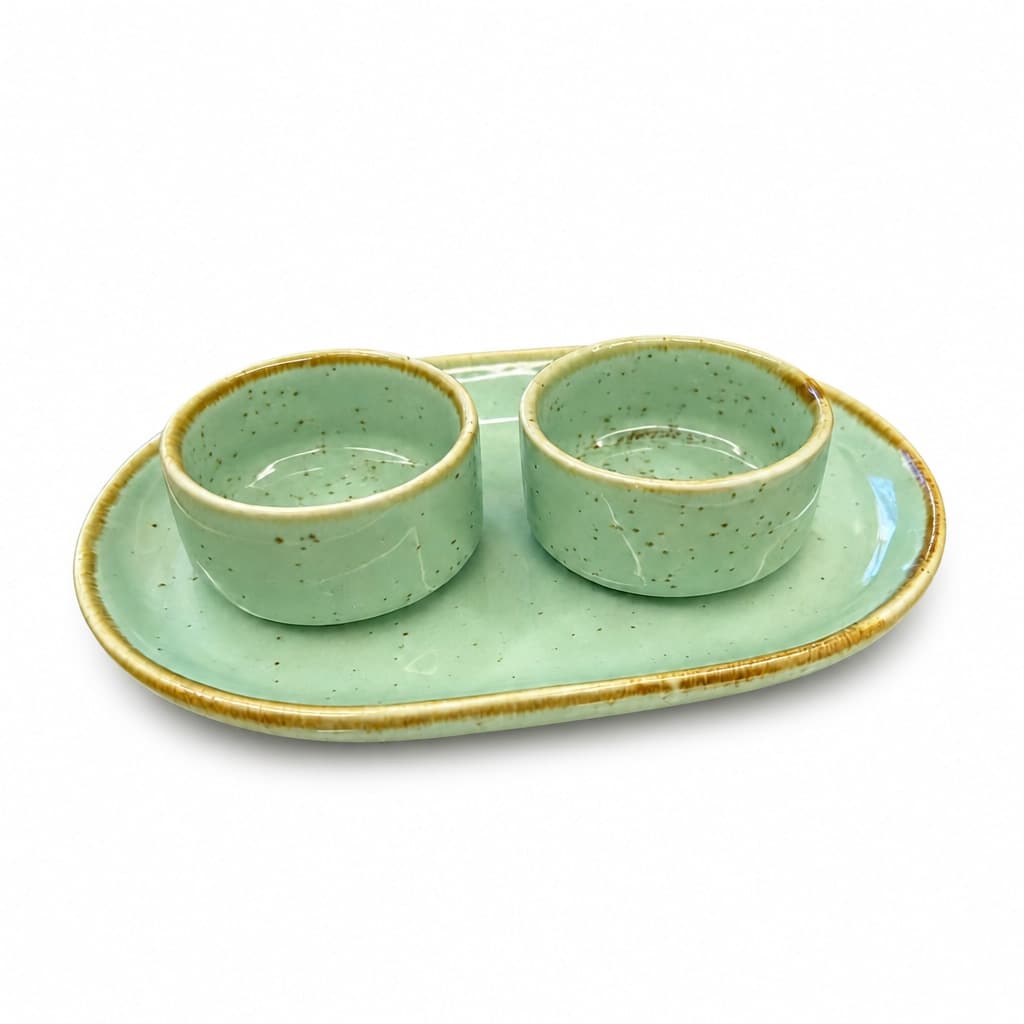 Reactive Glaze Mint-Green Ceramic Mini  Serving Platter With 2 Dip Bowls