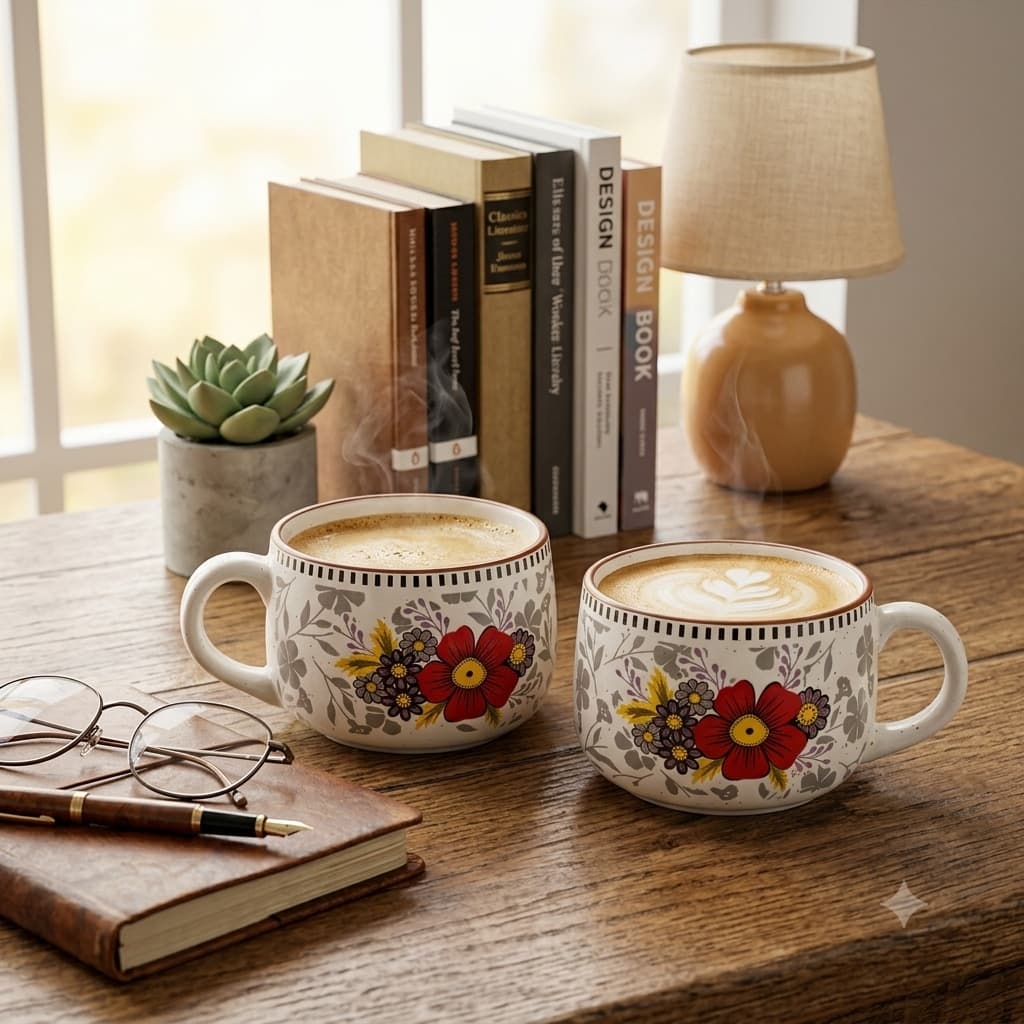 Pushpavali Ceramic Coffee Mugs (Set Of 2) – Red Floral Print Stoneware Mugs With Speckled Finish