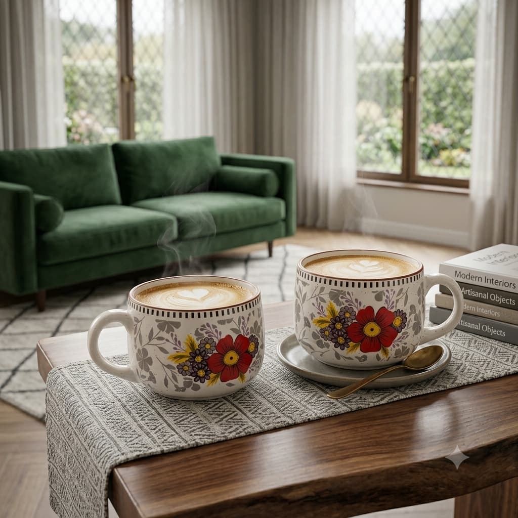 Pushpavali Ceramic Coffee Mugs (Set Of 2) – Red Floral Print Stoneware Mugs With Speckled Finish