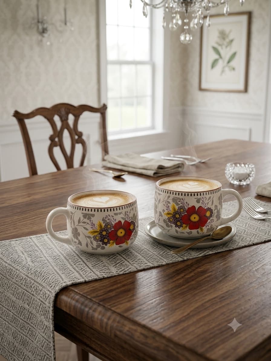 Pushpavali Ceramic Coffee Mugs (Set Of 2) – Red Floral Print Stoneware Mugs With Speckled Finish