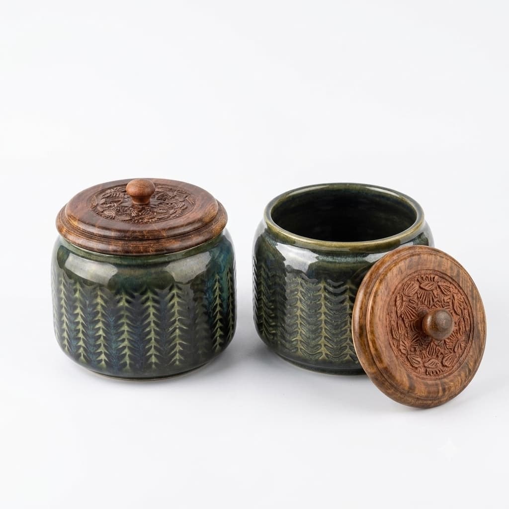 Green Reactive Glaze Ceramic Canisters With Carved Wood Lids (Set Of 2) – Airtight Storage Jars For Coffee, Tea & Spices