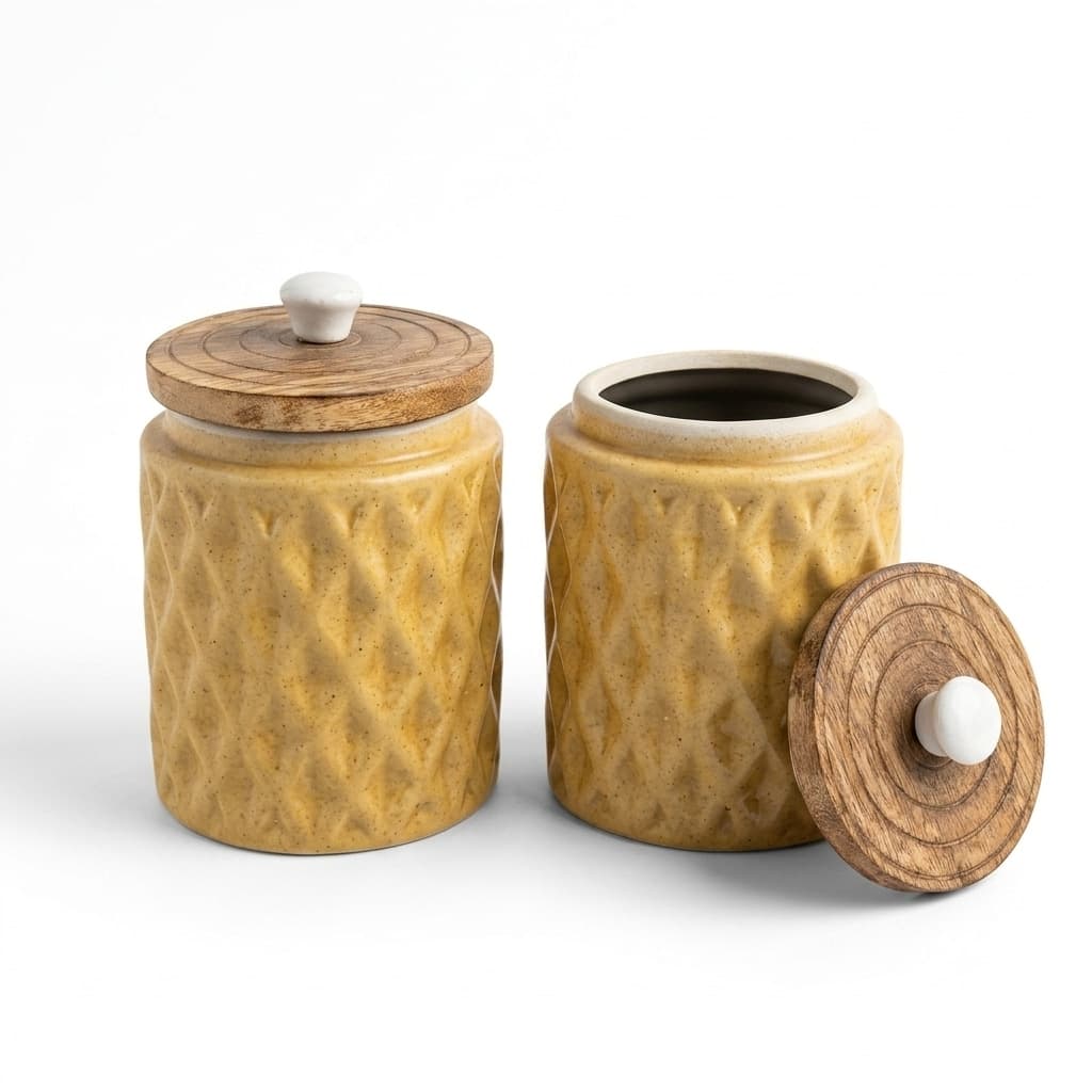 Mustard Yellow Quilted Ceramic Canister – 600ml Airtight Storage Jar With Mango Wood Lid & Ceramic Knob