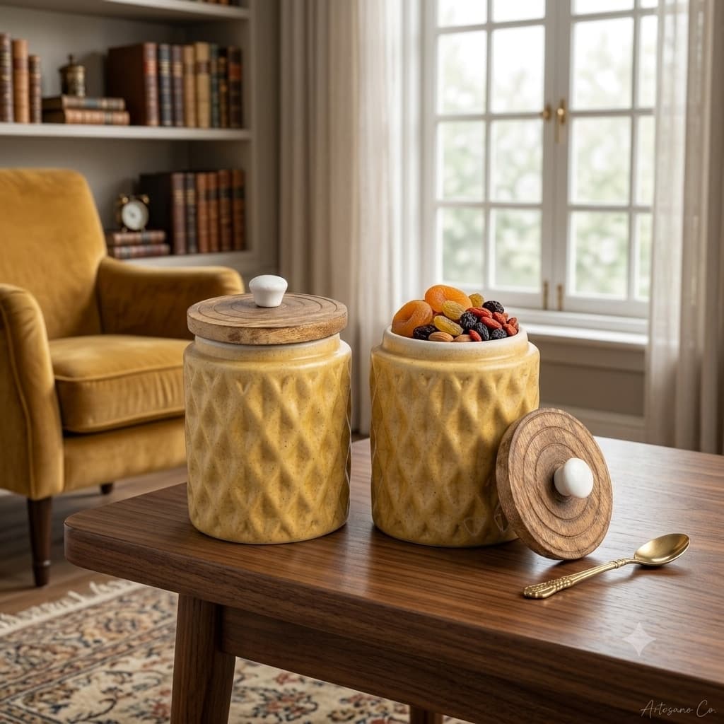Mustard Yellow Quilted Ceramic Canister – 600ml Airtight Storage Jar With Mango Wood Lid & Ceramic Knob