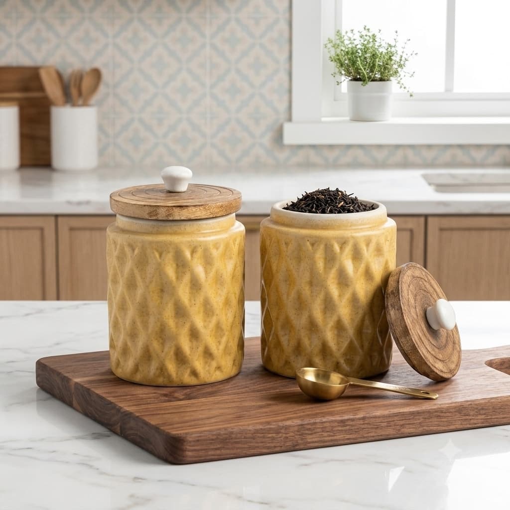 Mustard Yellow Quilted Ceramic Canister – 600ml Airtight Storage Jar With Mango Wood Lid & Ceramic Knob