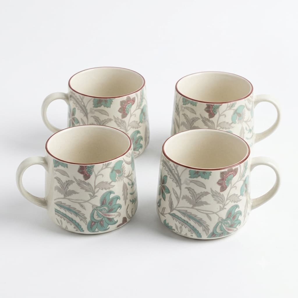 Pushpavali Ceramic Coffee Mugs (Set Of 4) – Light Blue Floral Print, 300ml, For Home, Office & Gifting