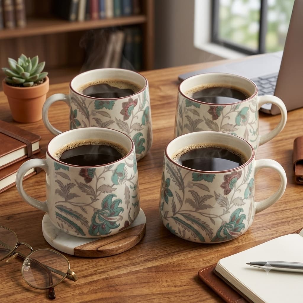 Pushpavali Ceramic Coffee Mugs (Set Of 4) – Light Blue Floral Print, 300ml, For Home, Office & Gifting