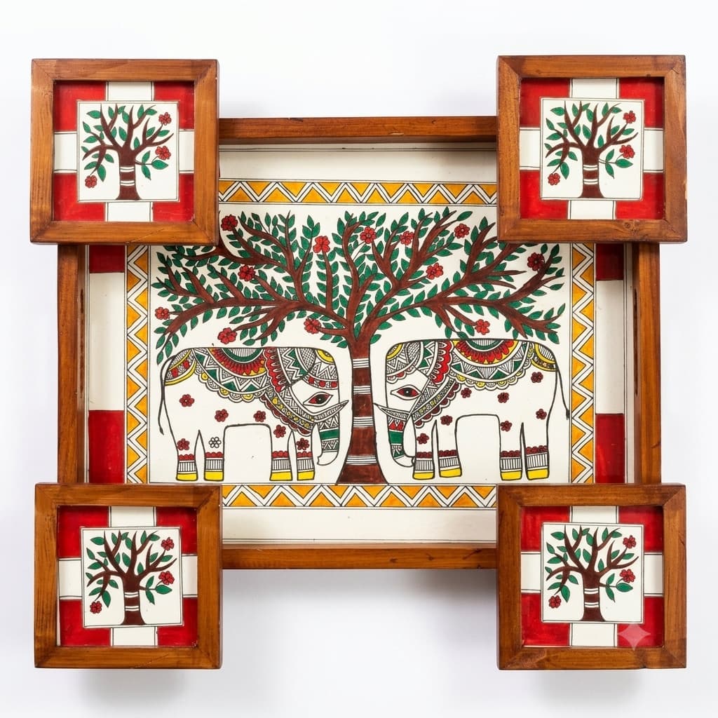 Handpainted Madhubani Wood Serving Tray With 4 Matching Coasters, Featuring A Twin-Elephant & Tree-Of-Life Motif. Durable Teak, Perfect For Gifting.