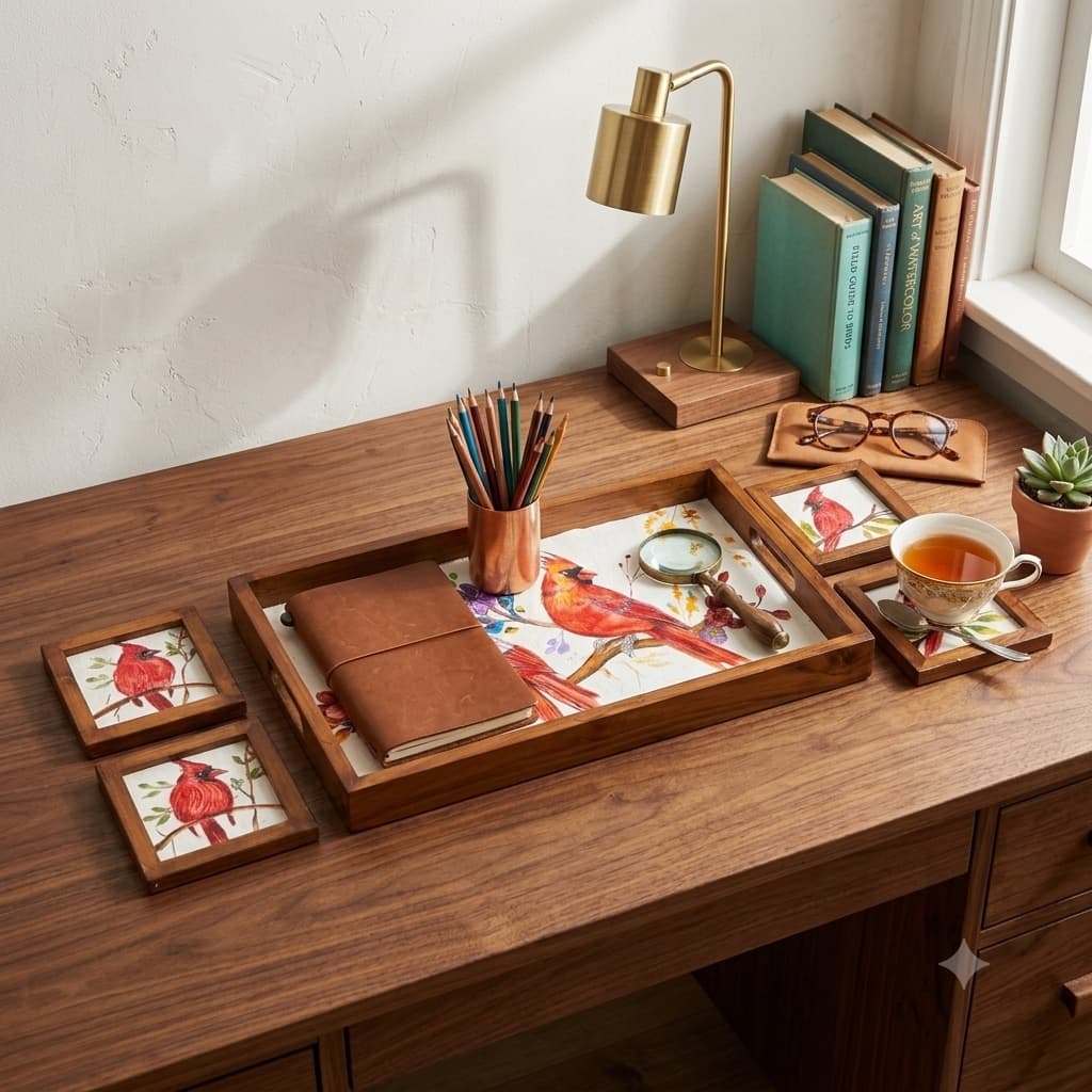 Rangriti Handpainted Wood Tray With 4 Coasters – Red Cardinal Birds (17x10”)