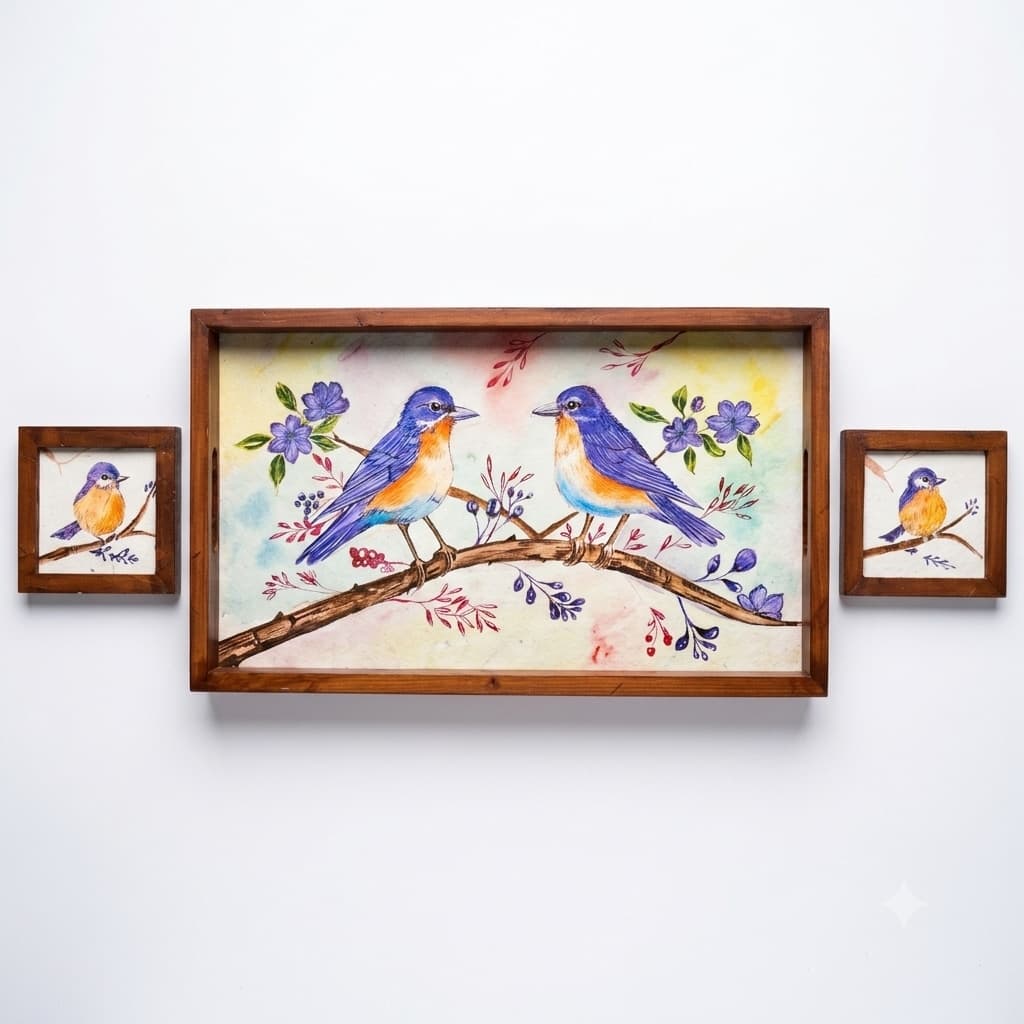 Rangriti Handpainted Wood Tray With 2 Coasters – Bluebird Duo (17x10”)