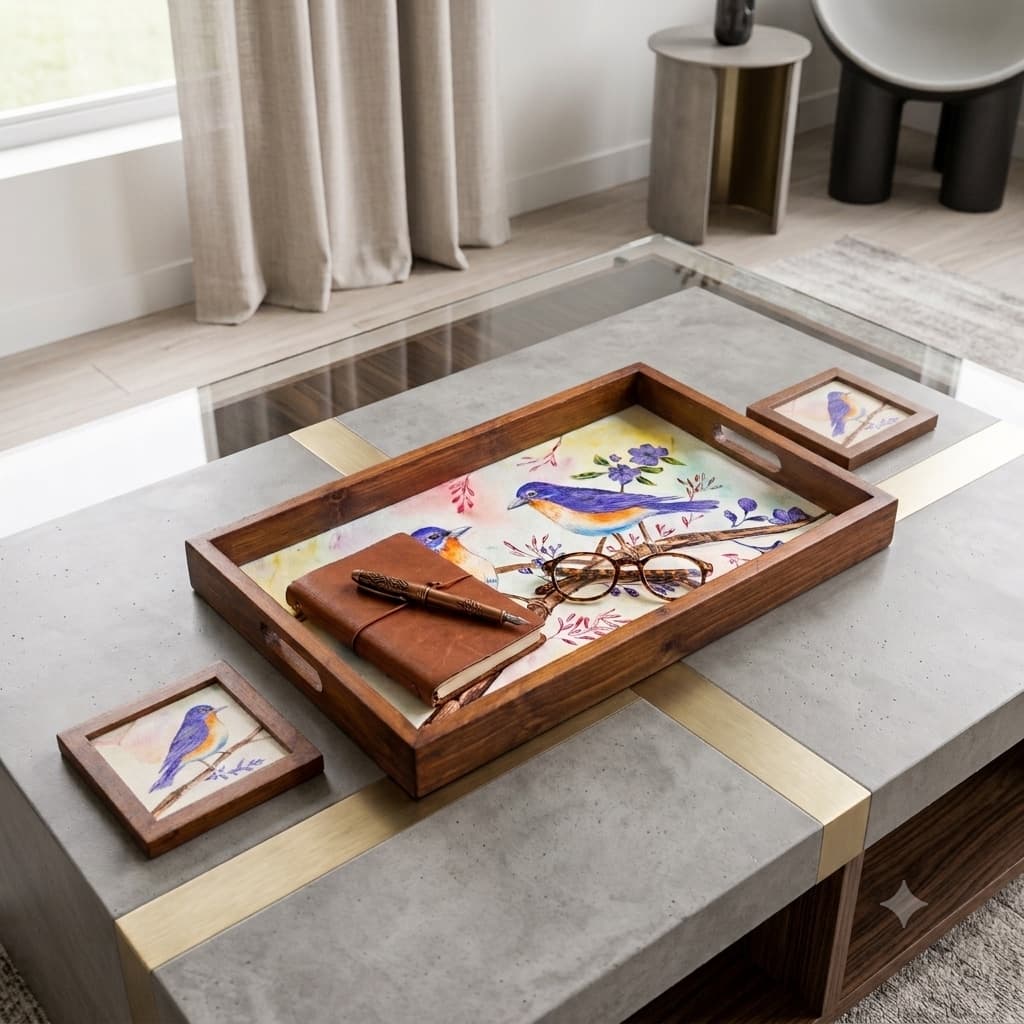 Rangriti Handpainted Wood Tray With 2 Coasters – Bluebird Duo (17x10”)