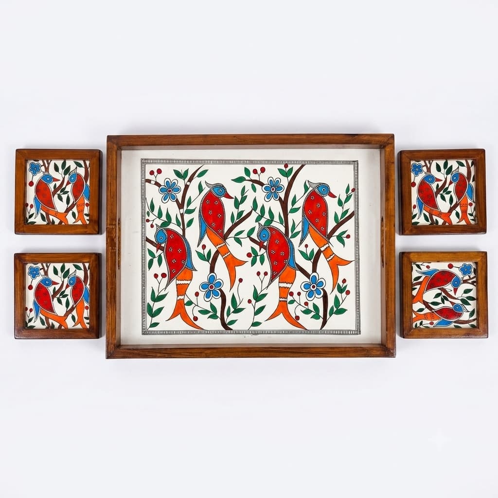 Rangriti Handpainted Teak Wood Tray With 4 Coasters – Madhubani Four Birds (17x10”)