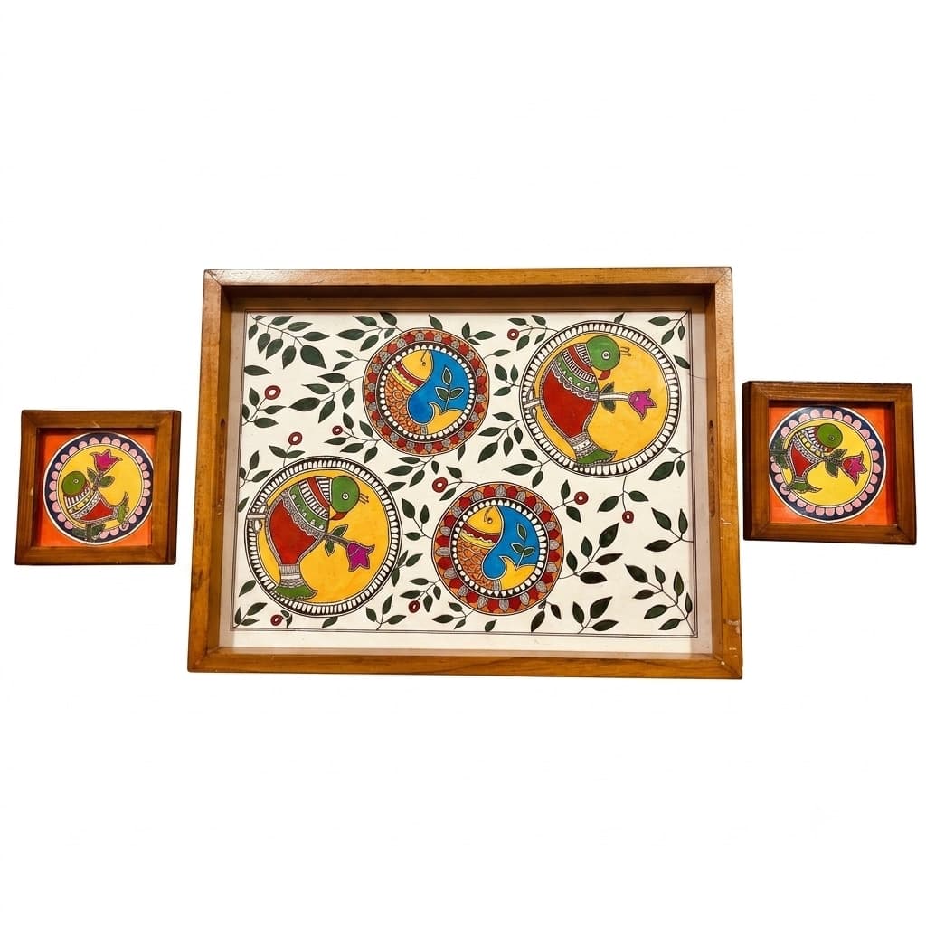 Rangriti Handpainted Teak Wood Tray With 2 Coasters – Madhubani Bird & Fish Medallions (17x10”)