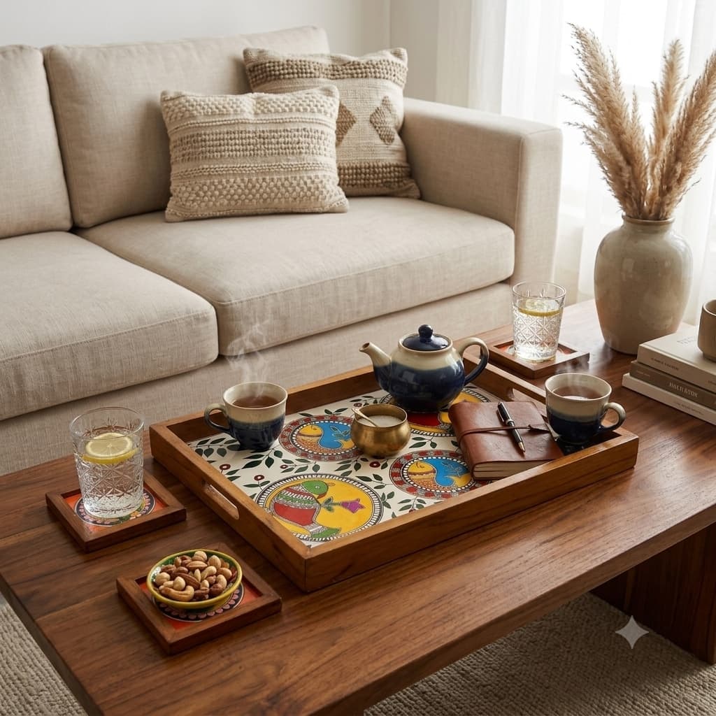 Rangriti Handpainted Teak Wood Tray With 2 Coasters – Madhubani Bird & Fish Medallions (17x10”)