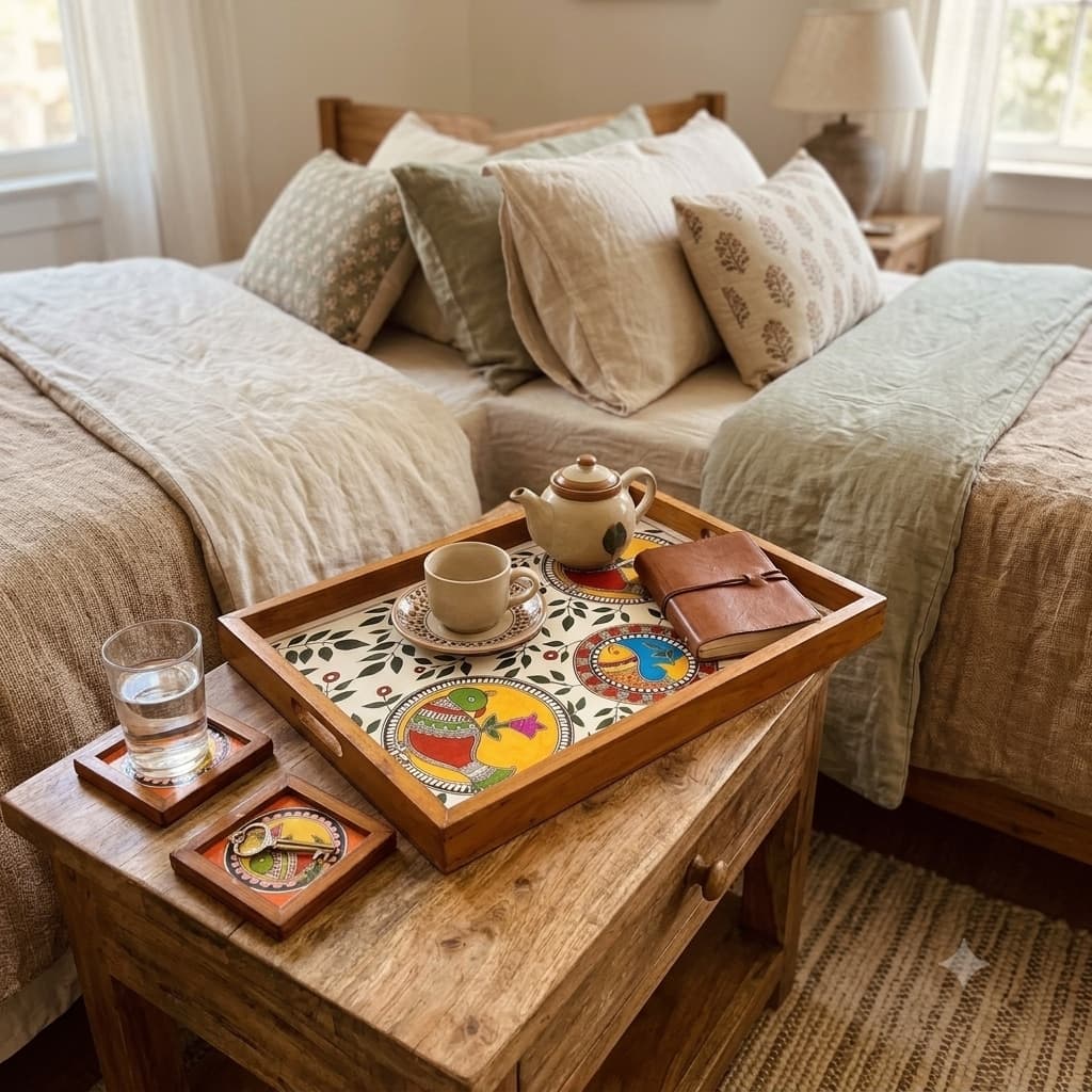 Rangriti Handpainted Teak Wood Tray With 2 Coasters – Madhubani Bird & Fish Medallions (17x10”)