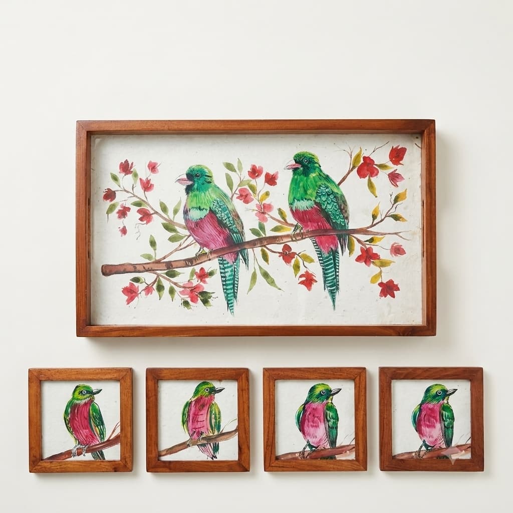Rangriti Handpainted Wood Tray With 4 Coasters – Green Trogon Birds (17x10”)