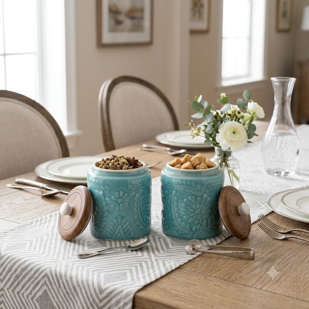 Mrinmayi Ceramic Kitchen Canisters With Wooden Lids – Turquoise Floral, 600ml (Set Of 2)