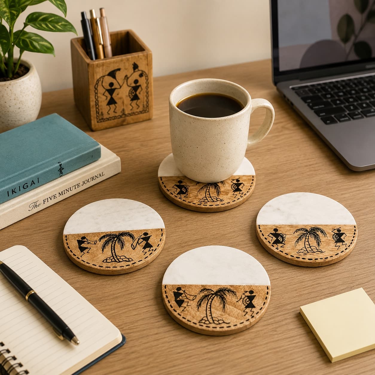 Sangam Marble & Wood Coasters (Set Of 4) – Warli Palm Tree Dance