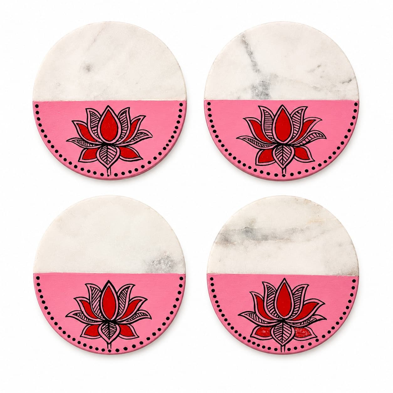 Sangam Marble & Wood Coasters Set Of 4 – Half-Moon Pink Lotus
