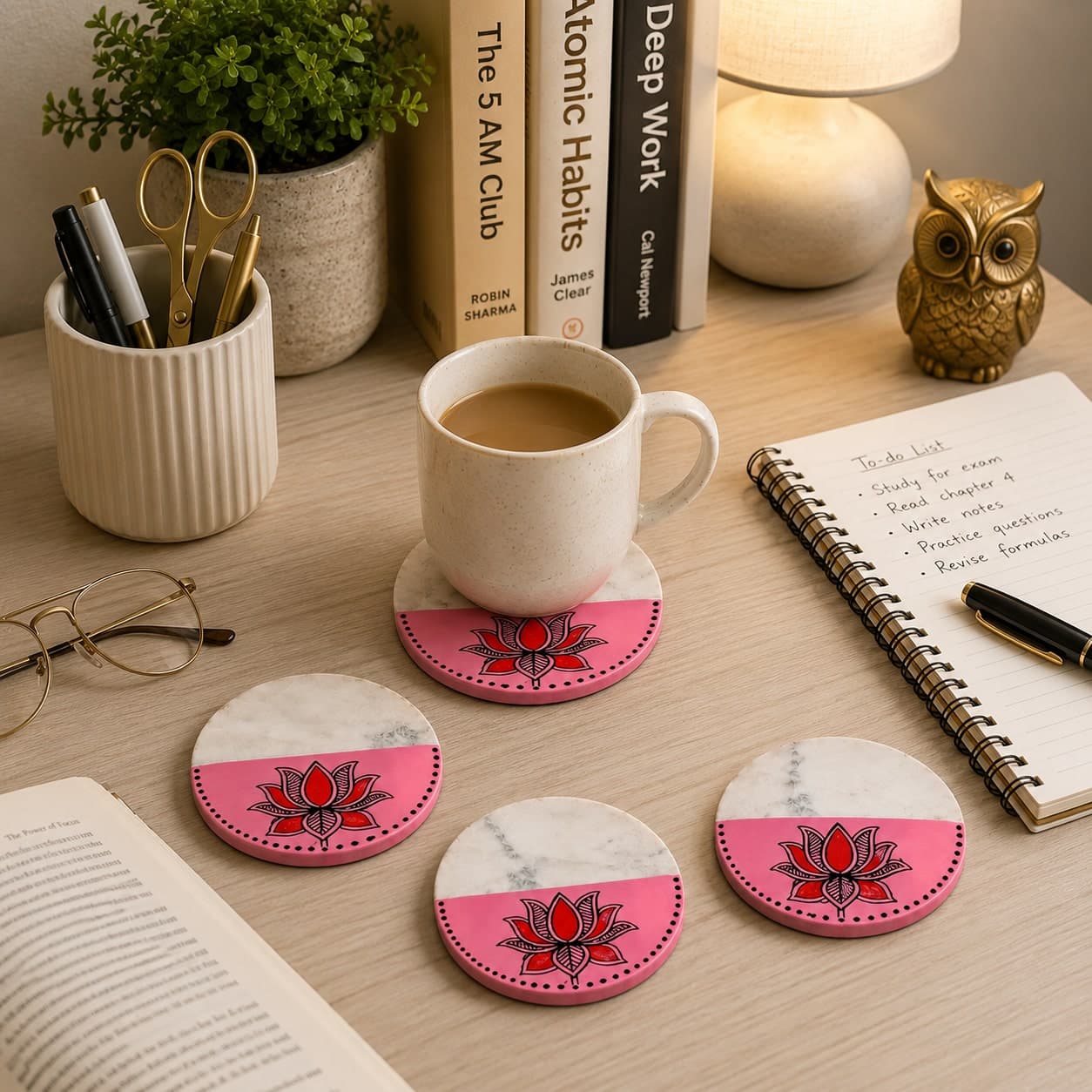 Sangam Marble & Wood Coasters Set Of 4 – Half-Moon Pink Lotus