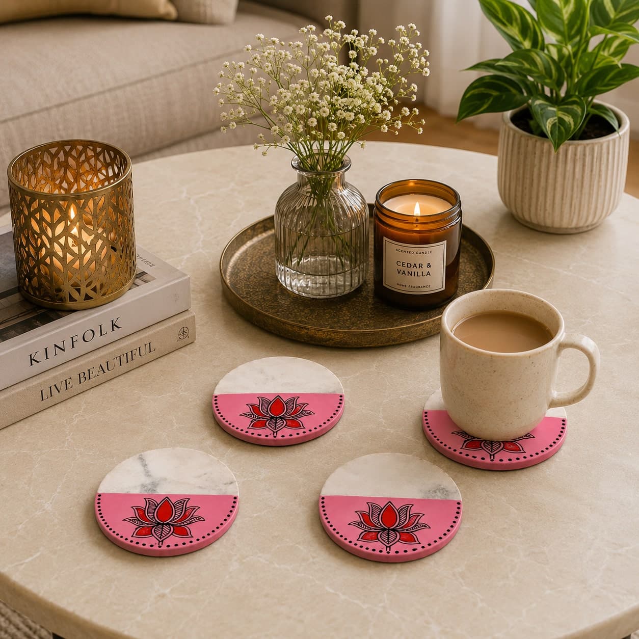 Sangam Marble & Wood Coasters Set Of 4 – Half-Moon Pink Lotus