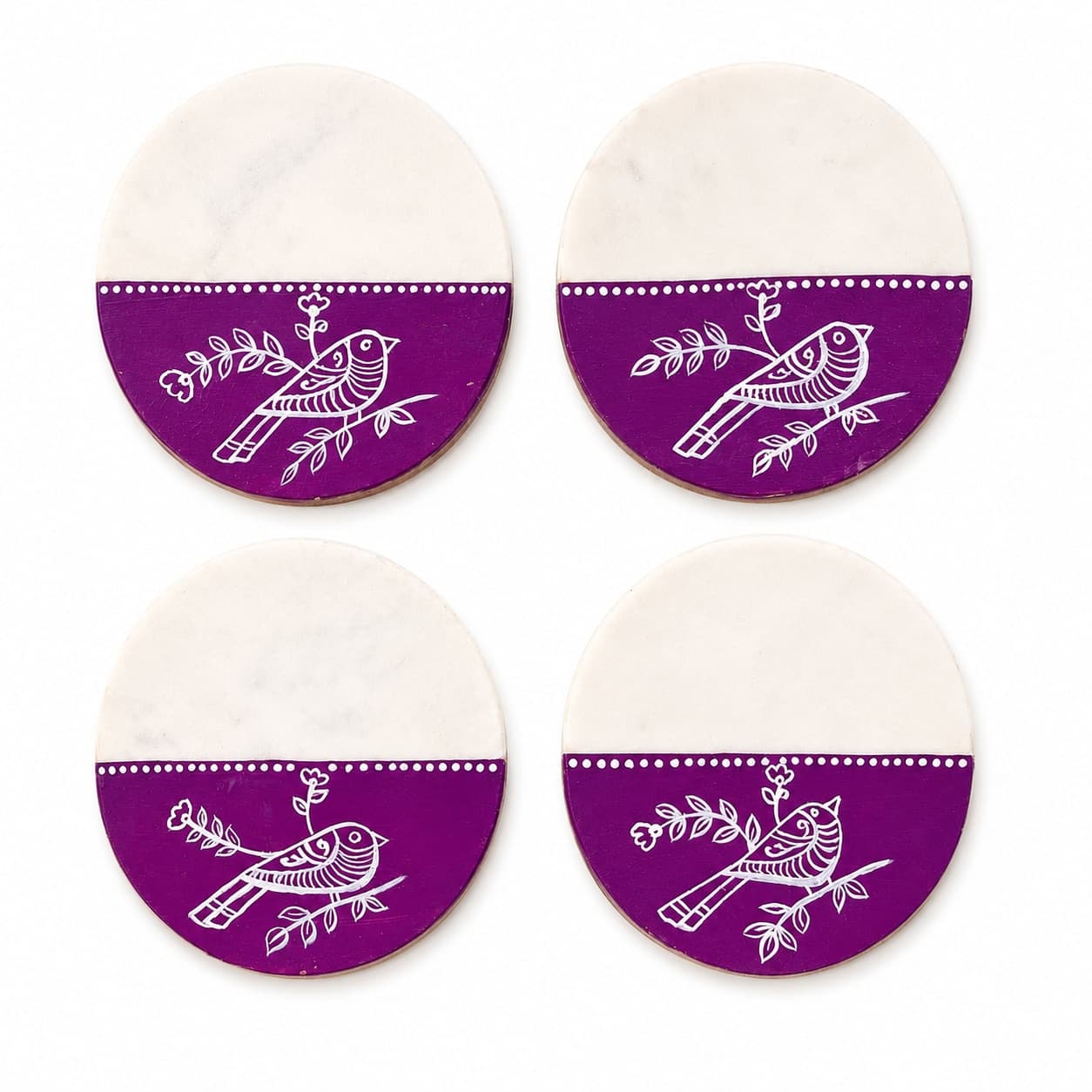 Sangam Marble & Wood Coasters Set Of 4 – Half-Moon Purple Songbird