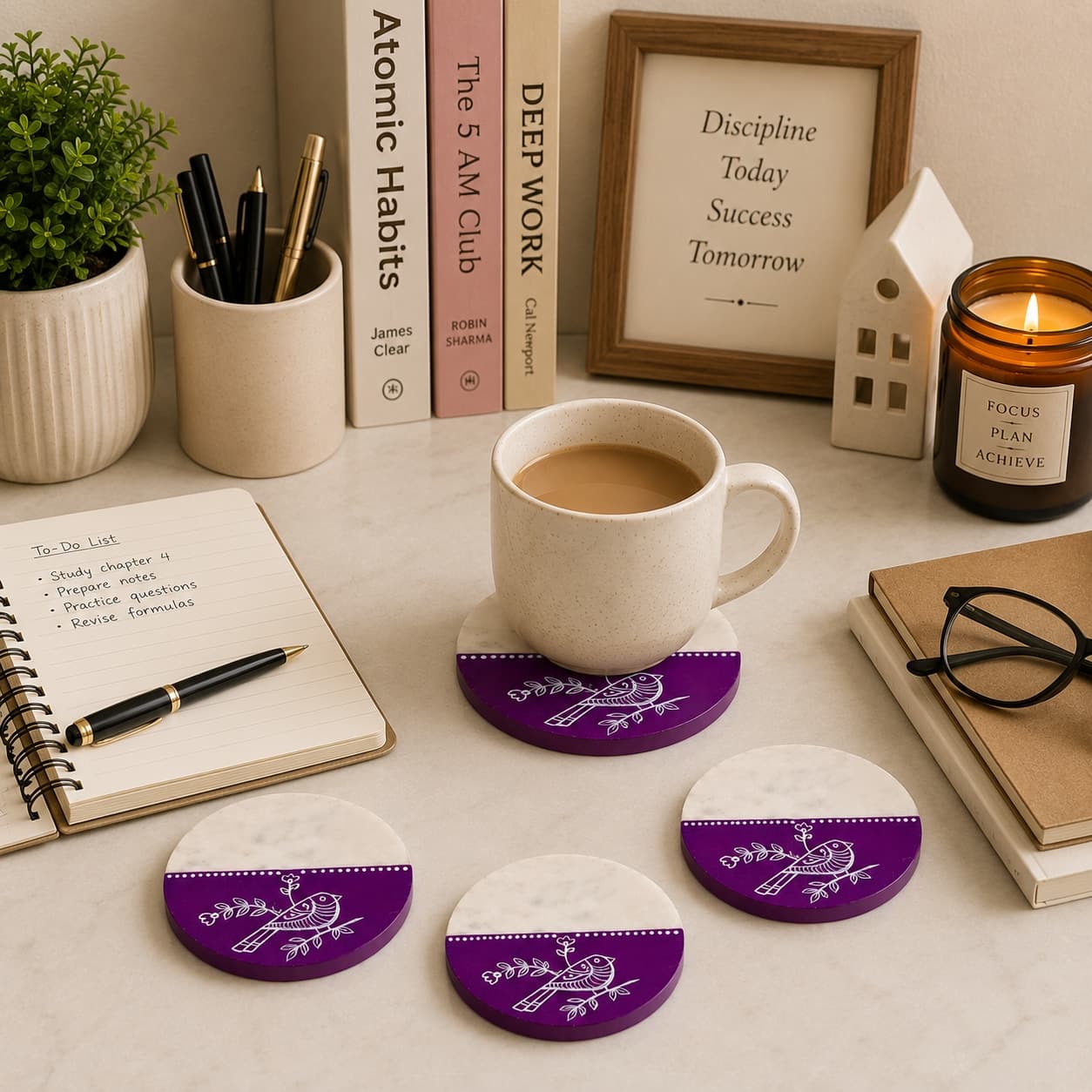 Sangam Marble & Wood Coasters Set Of 4 – Half-Moon Purple Songbird