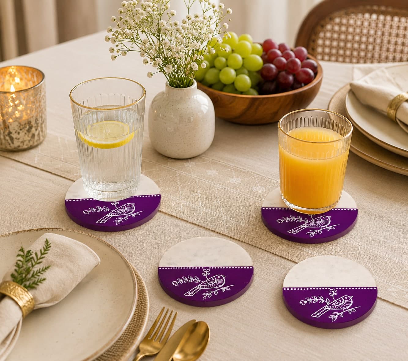Sangam Marble & Wood Coasters Set Of 4 – Half-Moon Purple Songbird