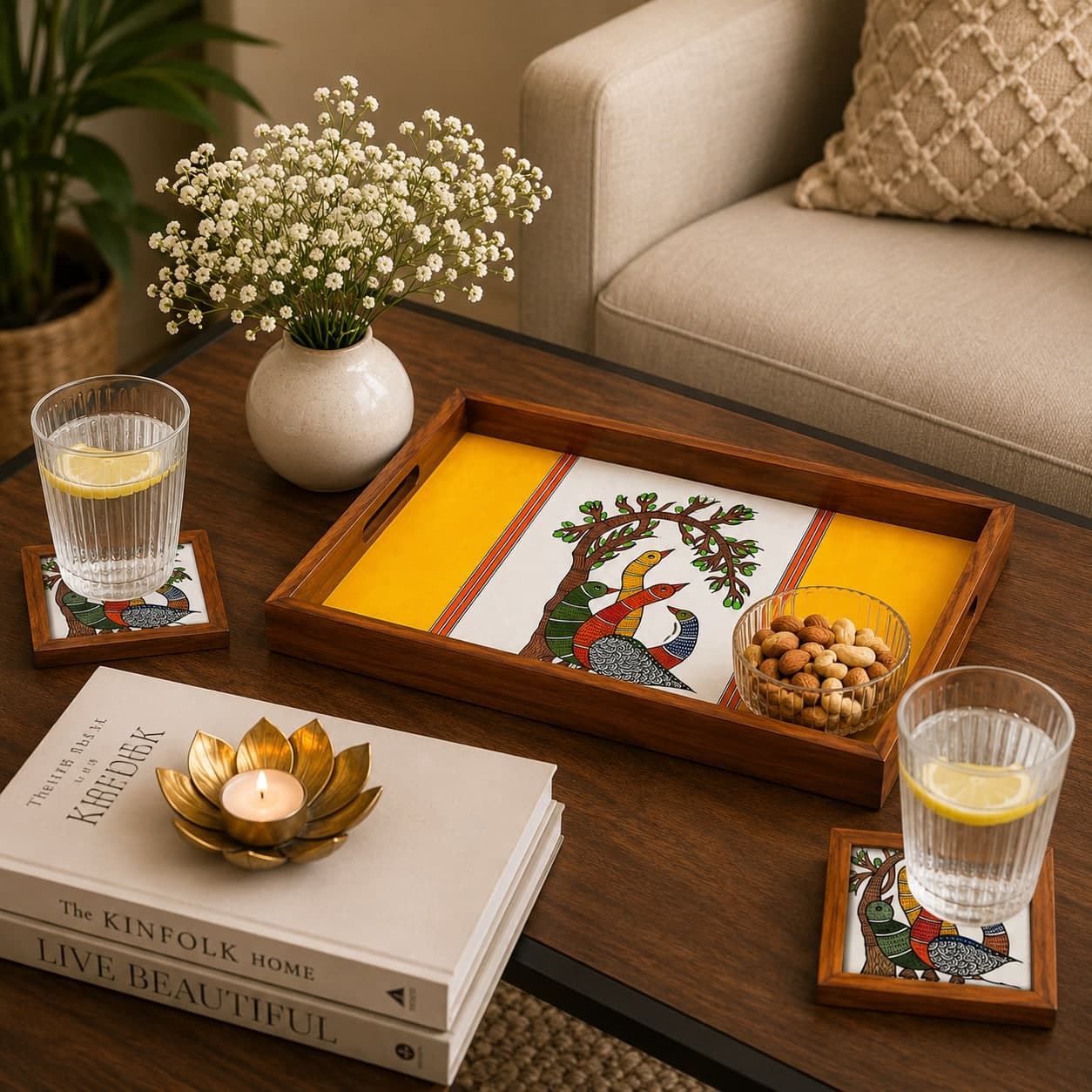 Rangriti Handpainted Teak Wood Tray With 4 Coasters – Madhubani Four Birds Under Tree (17x10”)