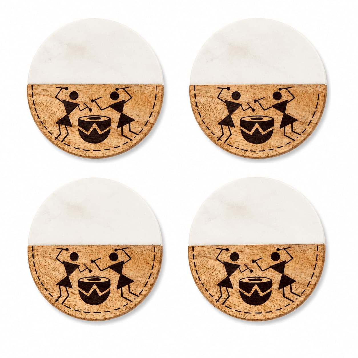 Sangam Marble & Wood Coasters (Set Of 4) – Hand-Painted Warli Drummers Half-Moon Coasters 