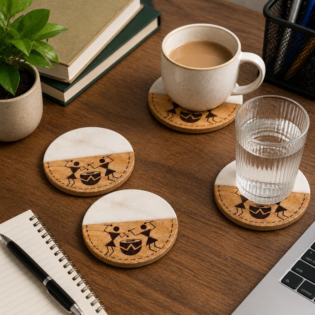 Sangam Marble & Wood Coasters (Set Of 4) – Hand-Painted Warli Drummers Half-Moon Coasters 