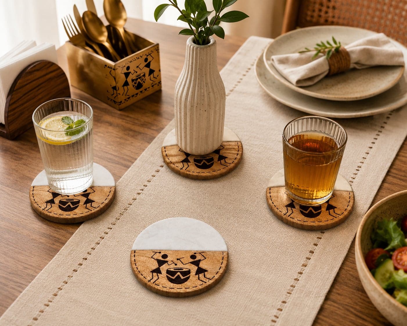 Sangam Marble & Wood Coasters (Set Of 4) – Hand-Painted Warli Drummers Half-Moon Coasters 