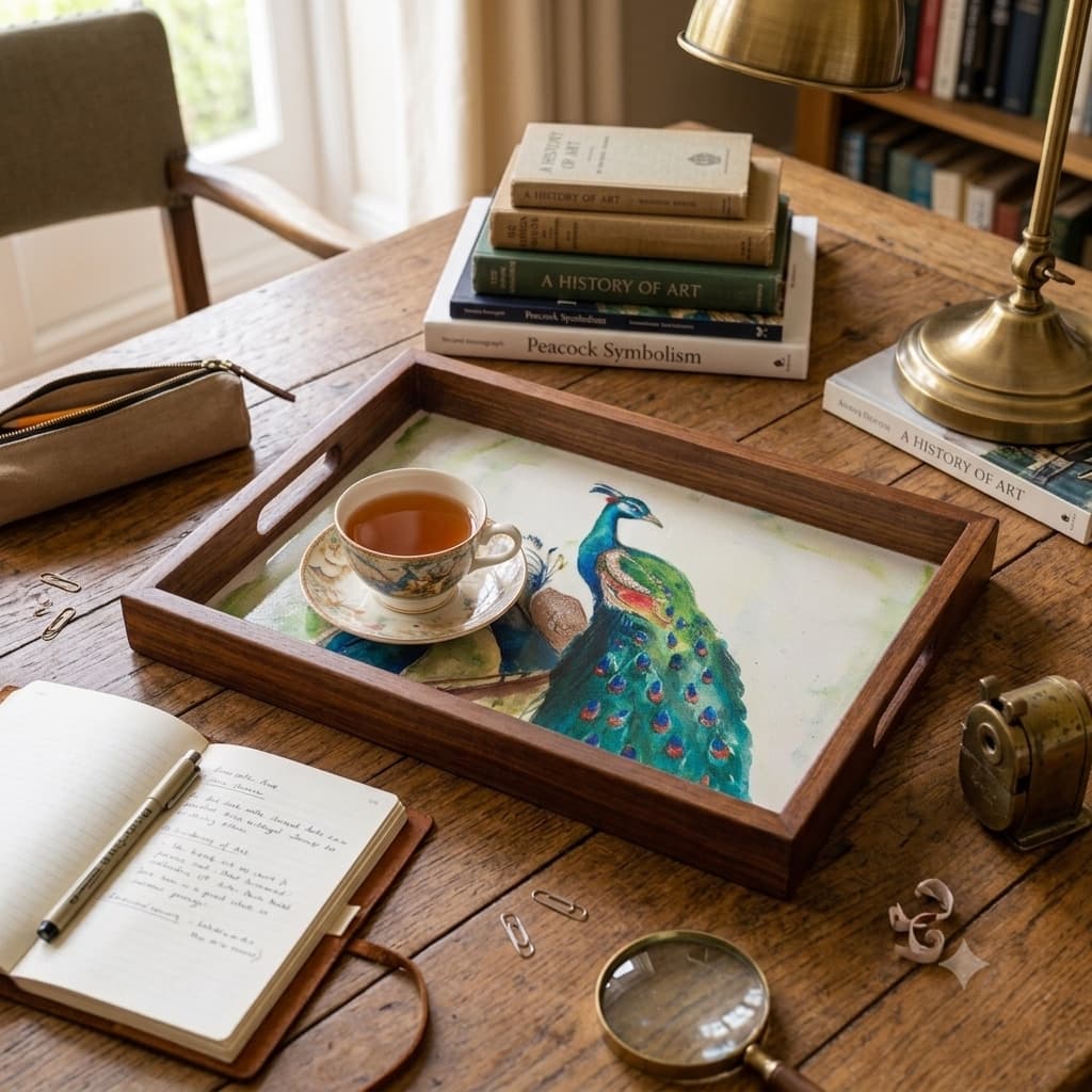 Rangriti Handpainted Wood Tray – Watercolor Peacock Pair (17x12”)