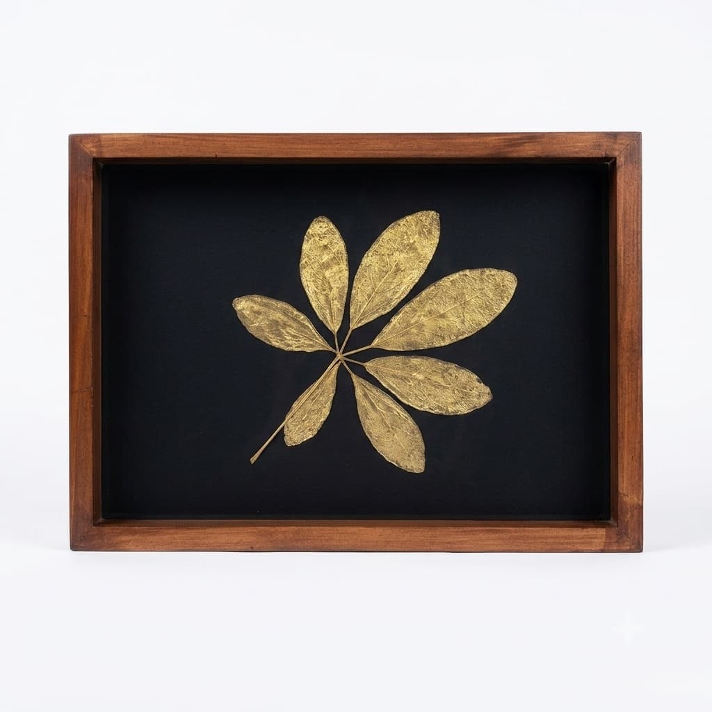 Prakriti Gold Leaf Wooden Tray – Real Dried Leaf On Black, 12x9 Inches