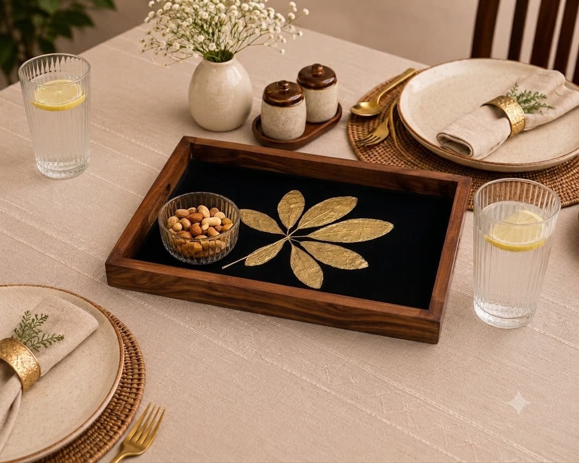 Prakriti Gold Leaf Wooden Tray – Real Dried Leaf On Black, 12x9 Inches