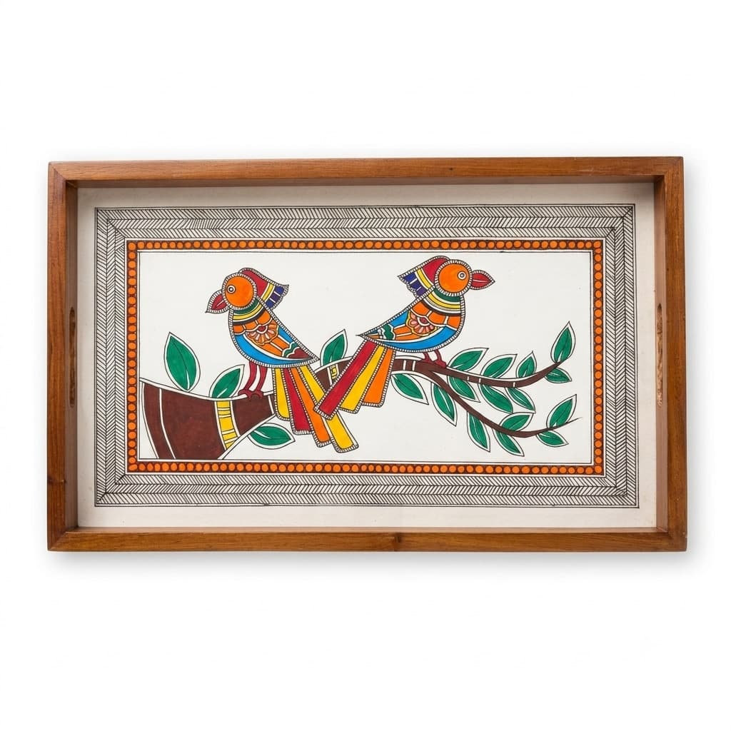 Rangriti Handpainted Wood Tray – Prem Jodi Parrots, 17x10”