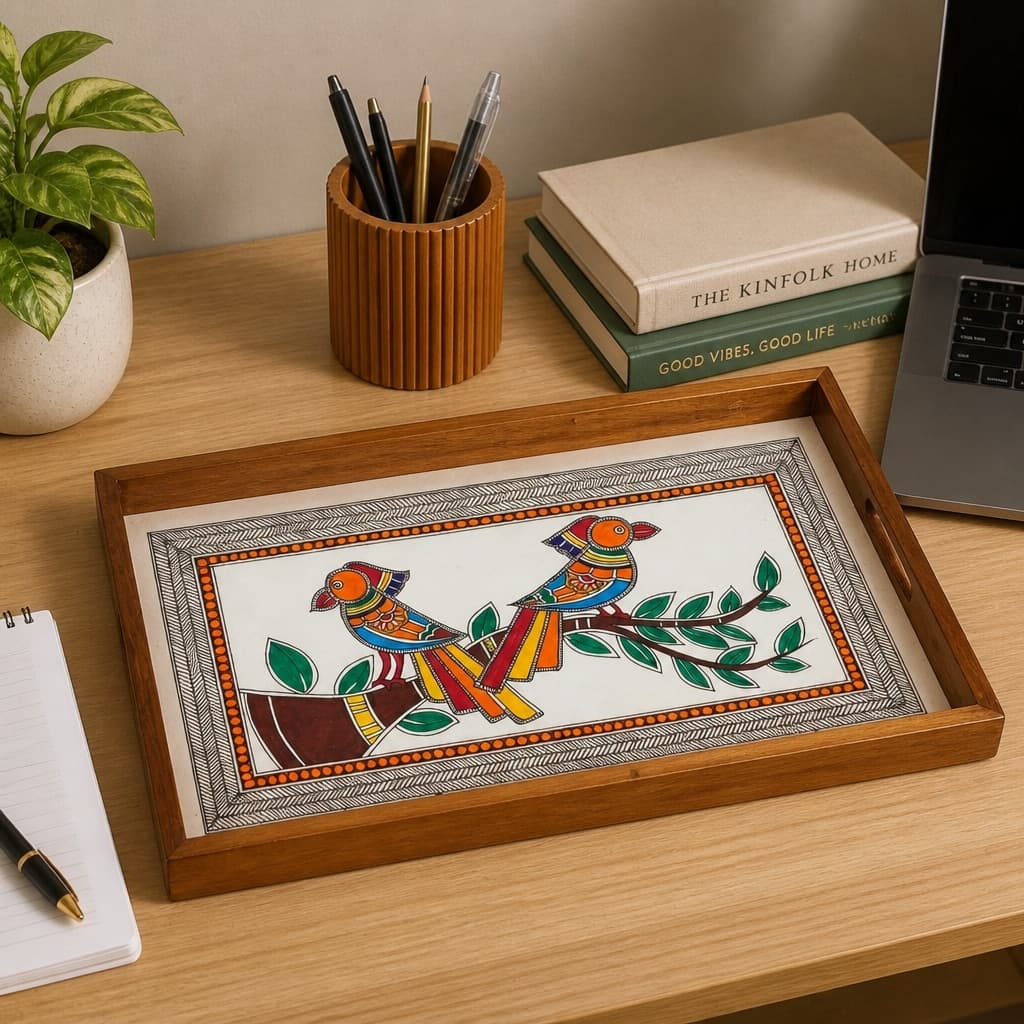 Rangriti Handpainted Wood Tray – Prem Jodi Parrots, 17x10”