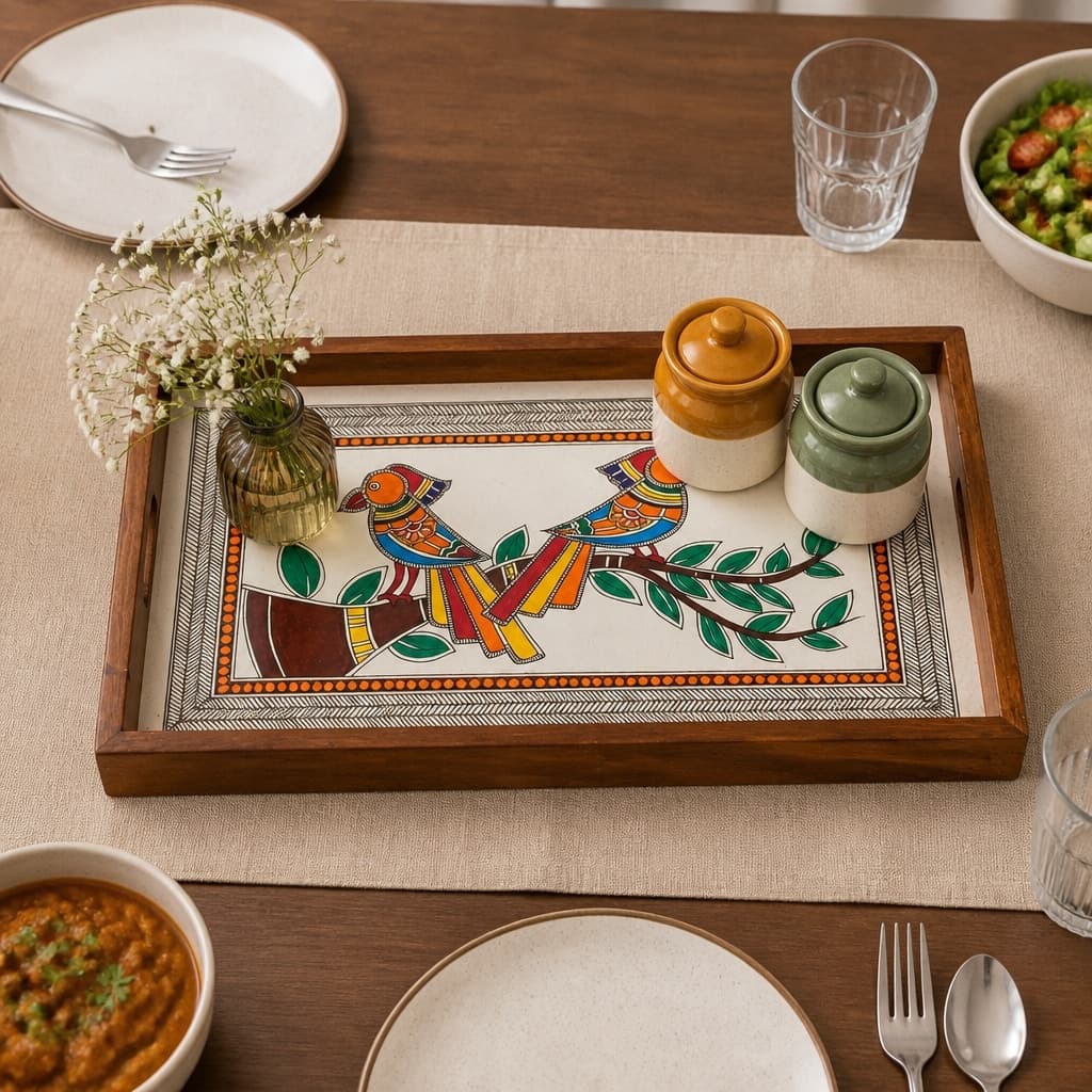 Rangriti Handpainted Wood Tray – Prem Jodi Parrots, 17x10”