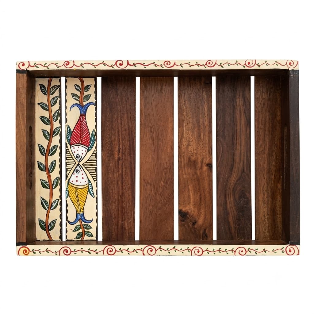 Rangriti Handpainted Teak Wood Tray – Madhubani Fish & Leaf, 12x8”