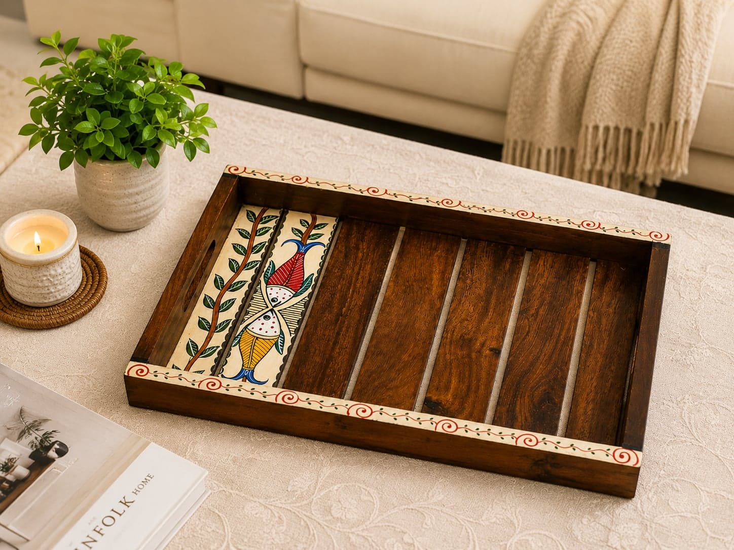 Rangriti Handpainted Teak Wood Tray – Madhubani Fish & Leaf, 12x8”
