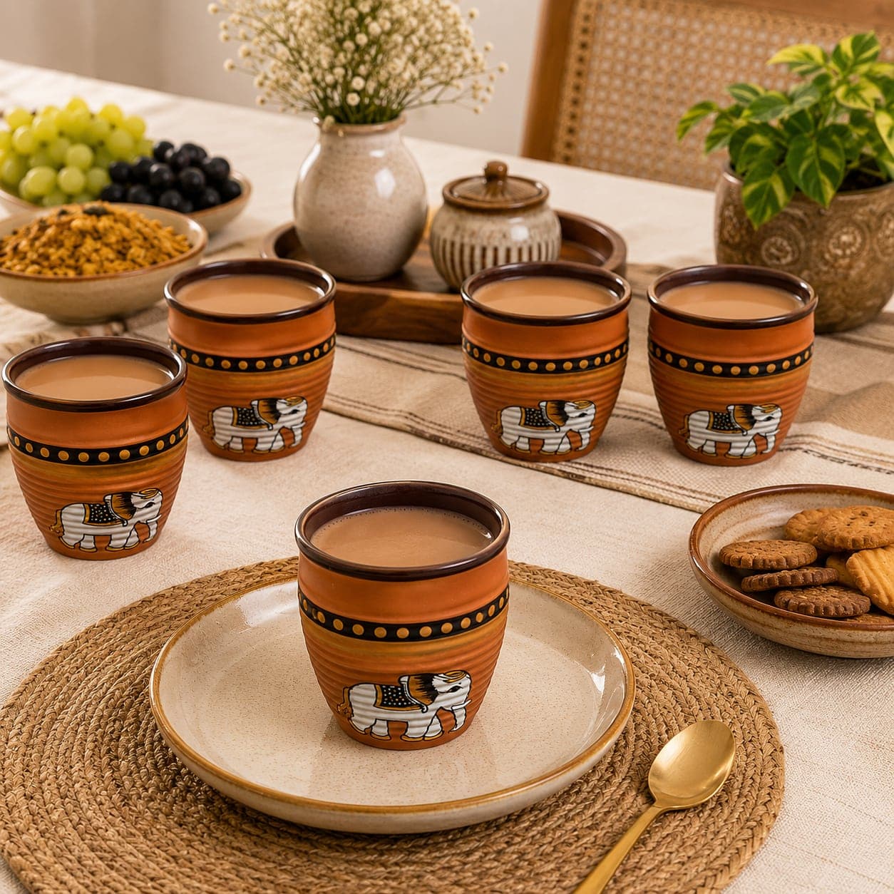 Terracotta Kulhad Chai Cups Set Of 6 | Warli Elephant Print