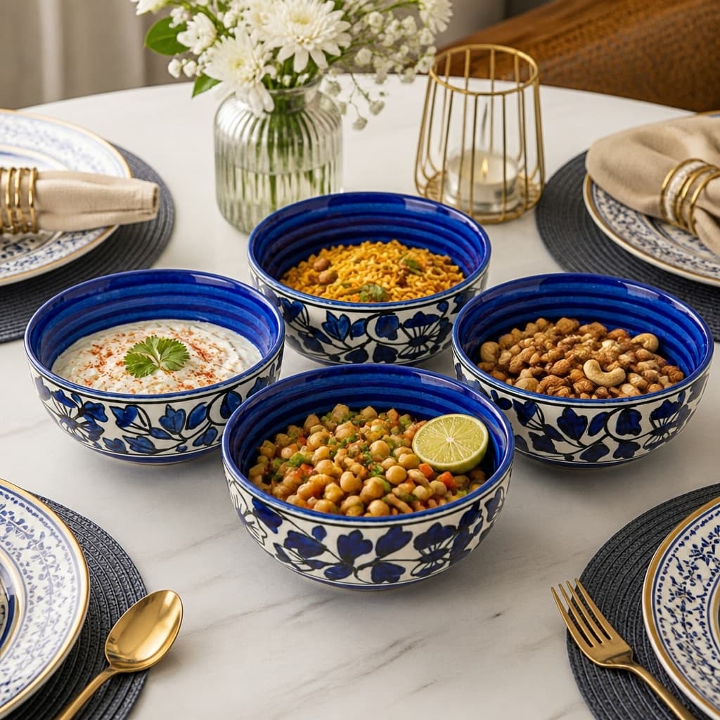 Ceramic Multi-Utility Bowls – Blue Floral Design, Set Of 4 (125ml Each)