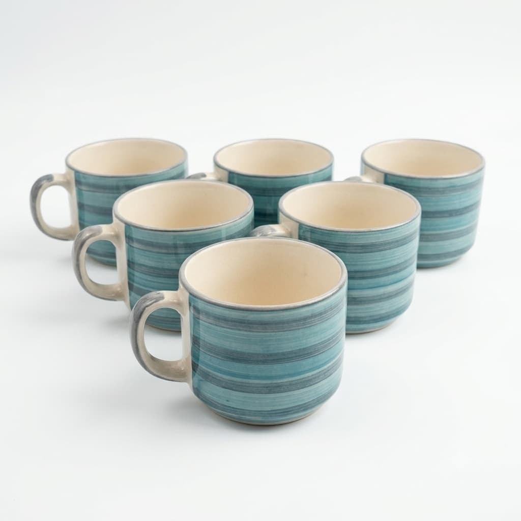 Tarang Ceramic Coffee Mug Set – Teal Striped Glaze, Set Of 6 (120ml Each)
