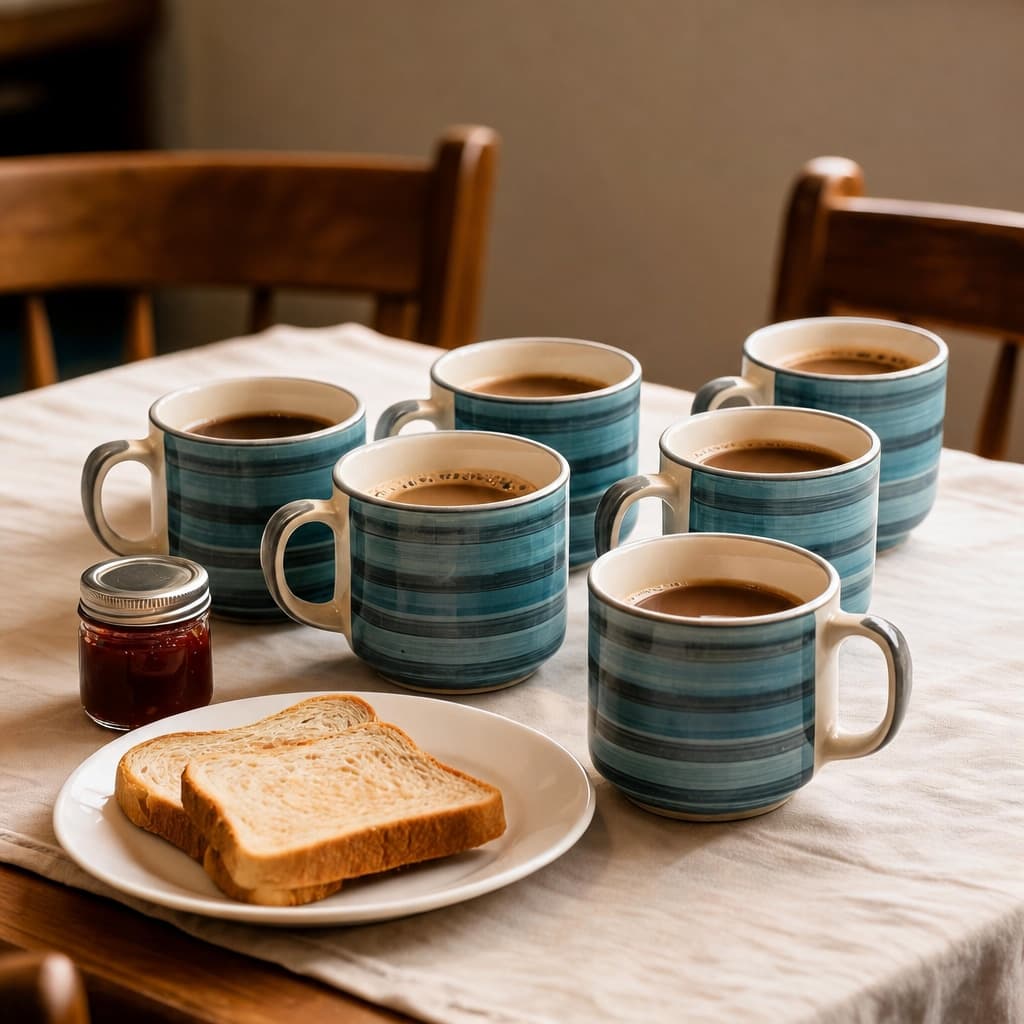 Tarang Ceramic Coffee Mug Set – Teal Striped Glaze, Set Of 6 (120ml Each)