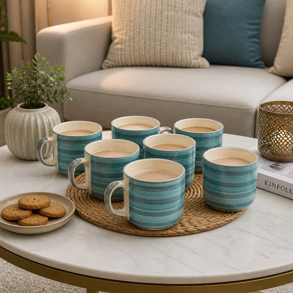 Tarang Ceramic Coffee Mug Set – Teal Striped Glaze, Set Of 6 (120ml Each)