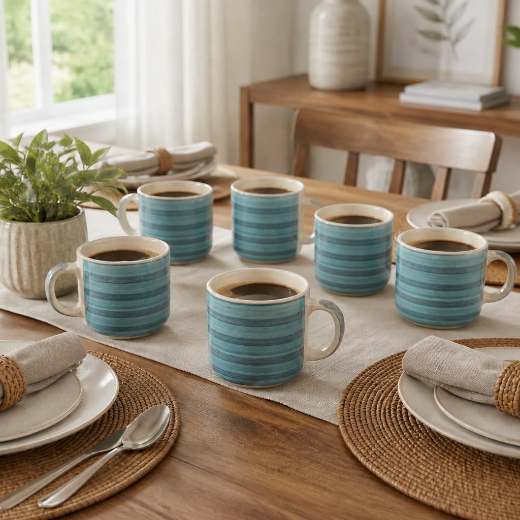 Tarang Ceramic Coffee Mug Set – Teal Striped Glaze, Set Of 6 (120ml Each)