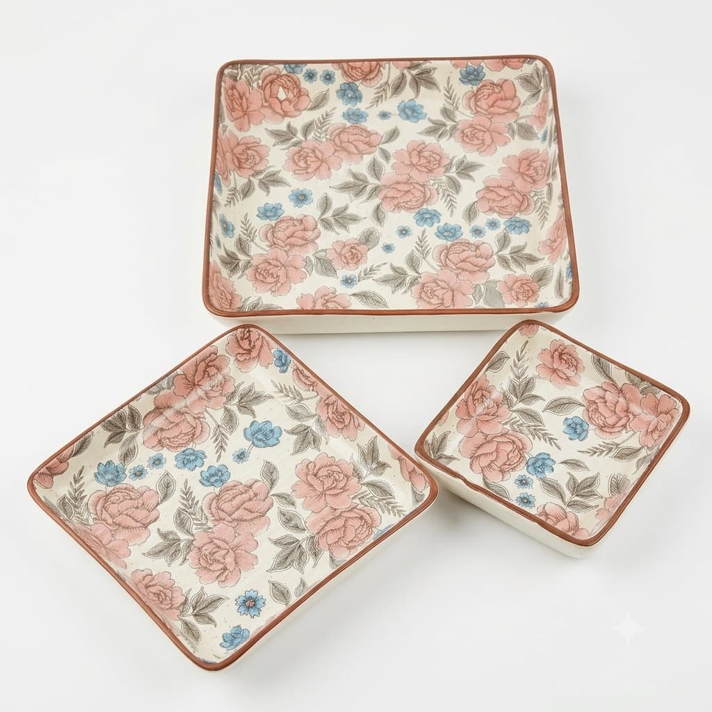 Anaya Ceramic Square Snack Serving Plates – Floral Print, Set Of 3 (13/17/23 Cm)