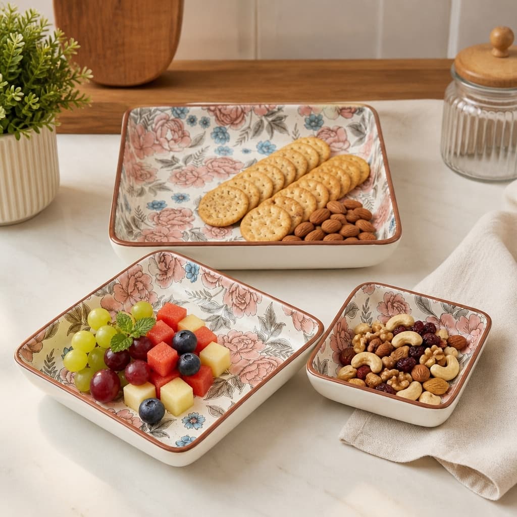 Anaya Ceramic Square Snack Serving Plates – Floral Print, Set Of 3 (13/17/23 Cm)